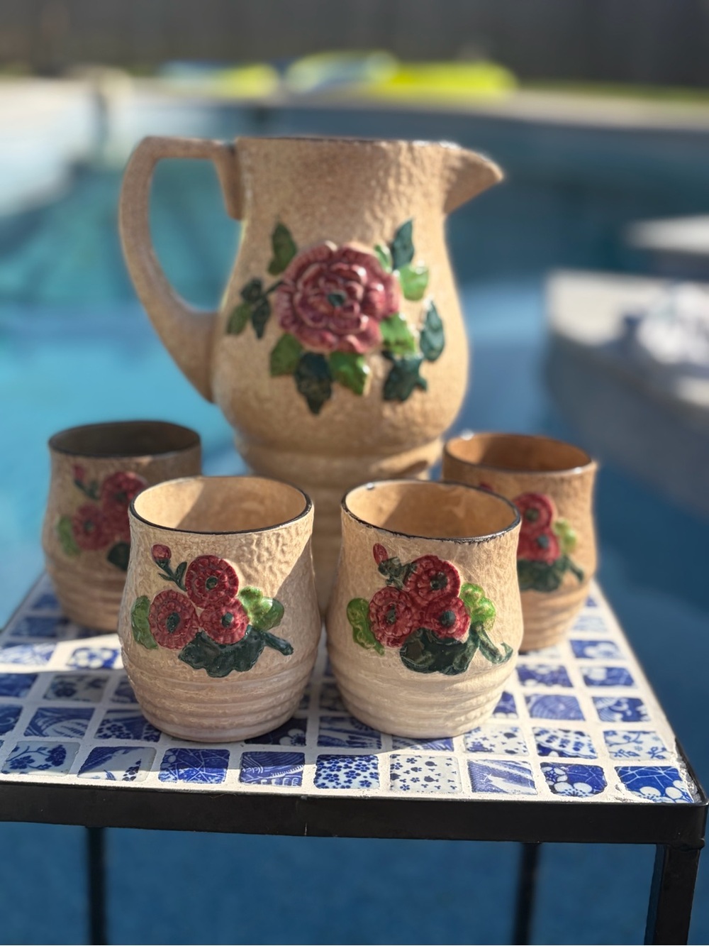 Handcrafted Floral Ceramic Pitcher and Cups Set - Pink Flowers on Cream